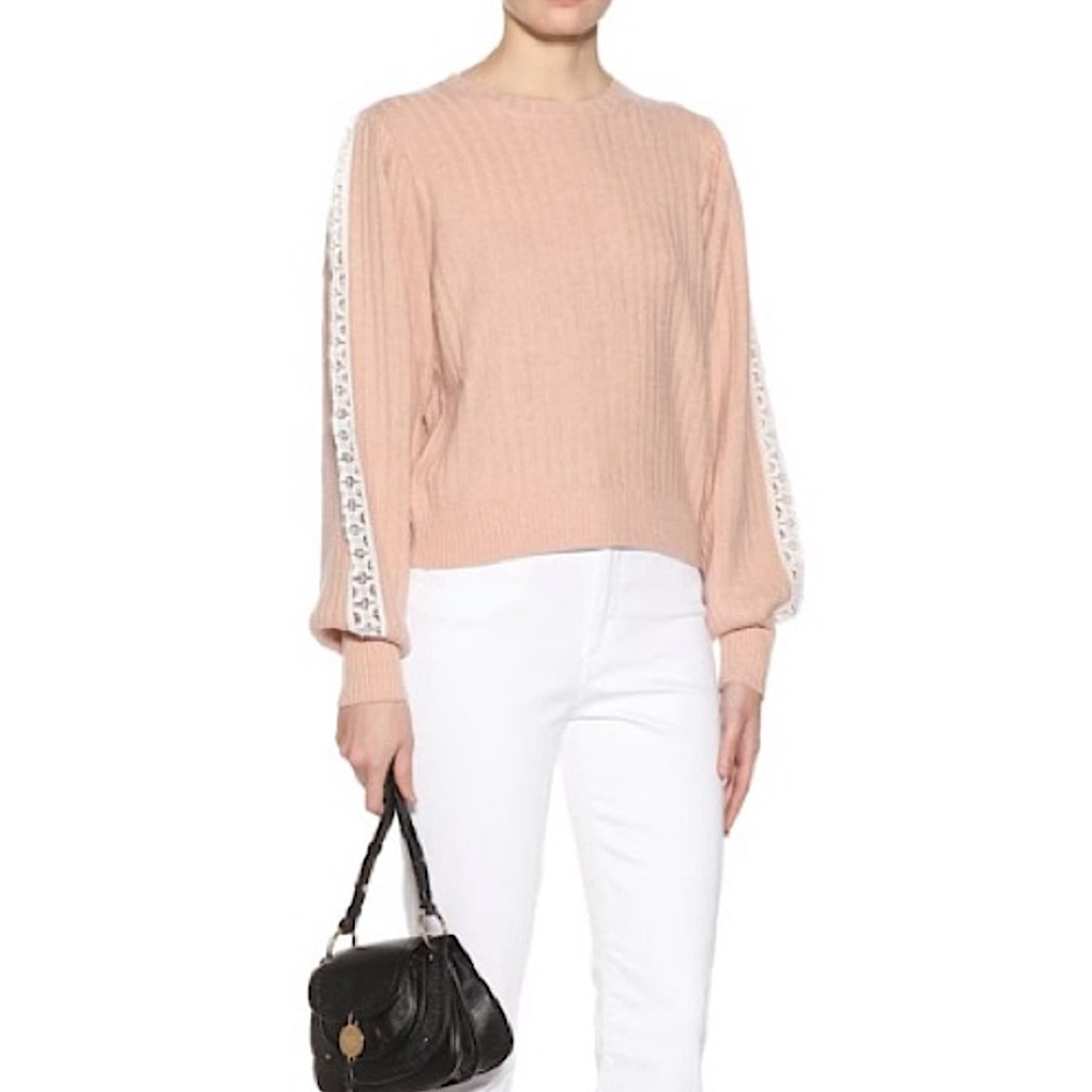 See by Chloe Wool Blend Knit Lace Sleeve Crewneck Sweater Cameo Rose Size M $325 - Picture 12 of 14